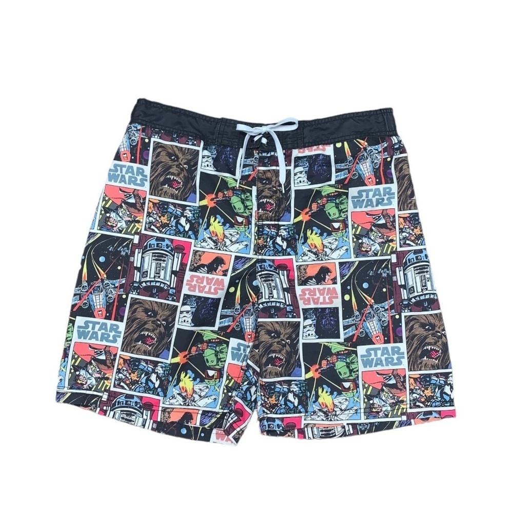 Star Wars Board Swim Shorts Men’s Large Black Comic Print Elastic Waist